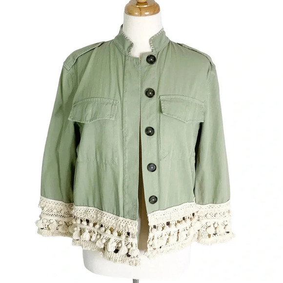 Zara Tassel Pom Crochet Fringe Boho Utility Jacket Green Size XS - Picture 5 of 15